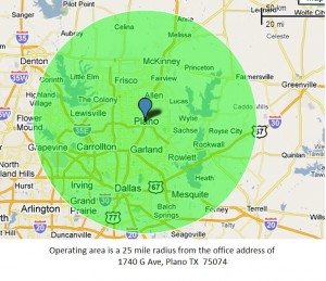 Operating Area of 25 mile radius